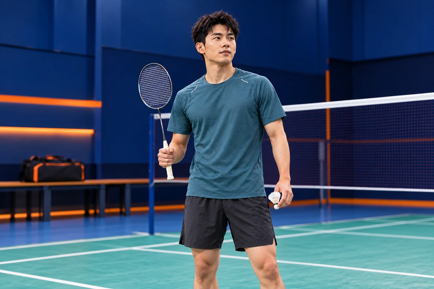 Badminton player holding a racket with a wrapped grip Badminton player holding a racket with a wrapped grip