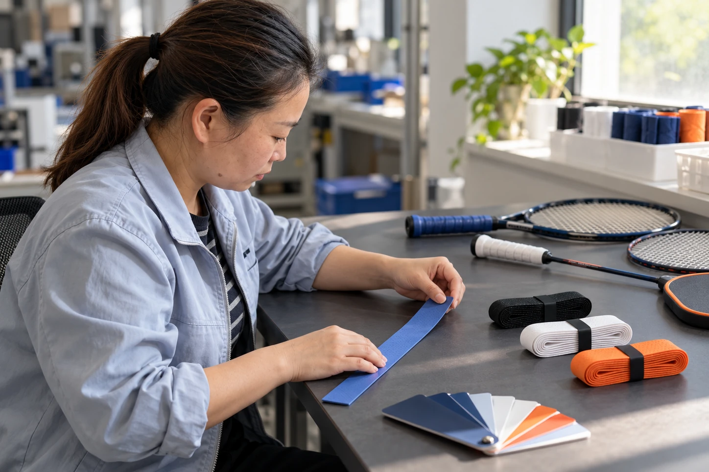 Technician reviewing a blue grip strip and color samples at a workbench