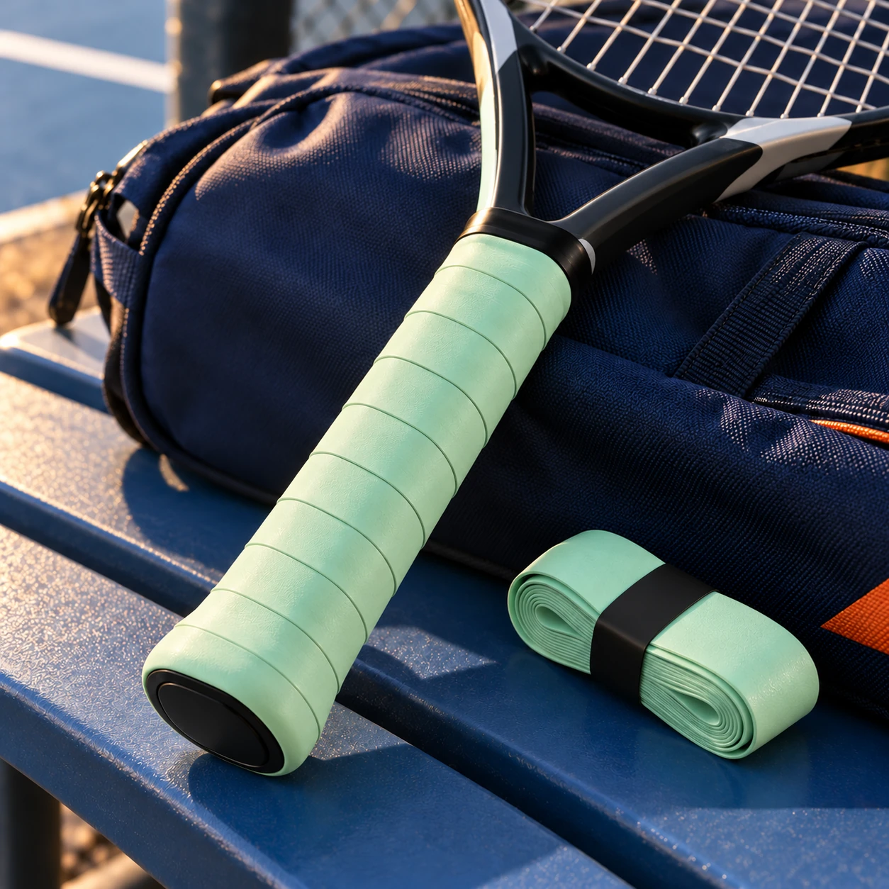 Mint overgrip wrapped around a tennis racket handle beside a folded grip sample Mint overgrip wrapped around a tennis racket handle beside a folded grip sample