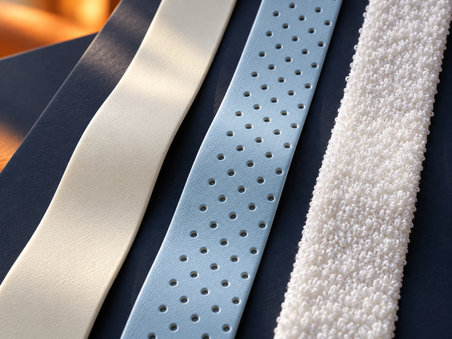 Smooth ivory, perforated blue and white towel grip material strips Smooth ivory, perforated blue and white towel grip material strips