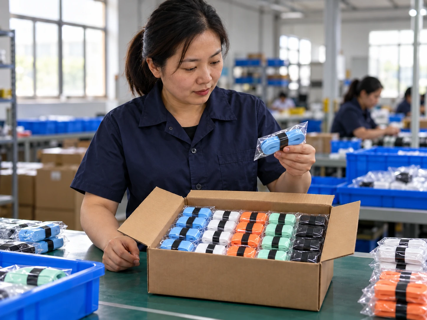 Worker checking a bagged blue grip above a carton of packed grips Worker checking a bagged blue grip above a carton of packed grips