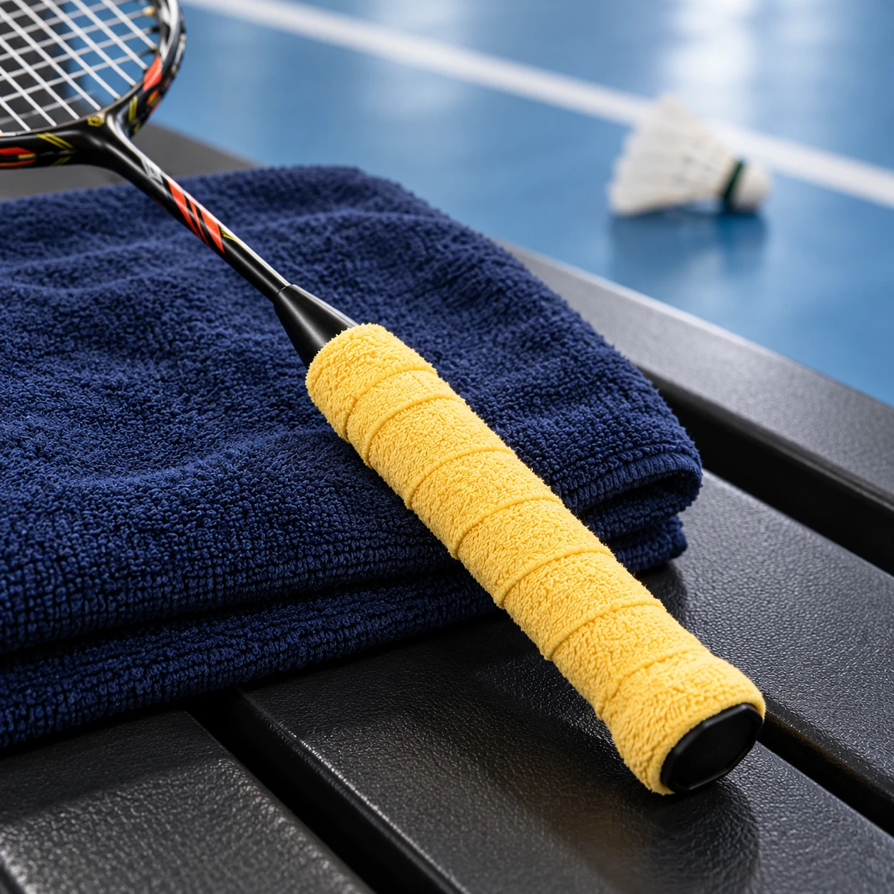 Yellow towel grip on a badminton racket resting on a courtside bench