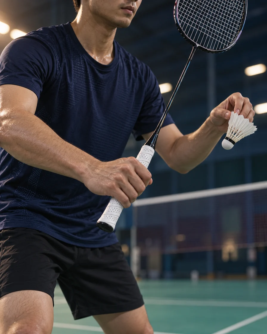 Badminton player preparing a serve with a white perforated overgrip