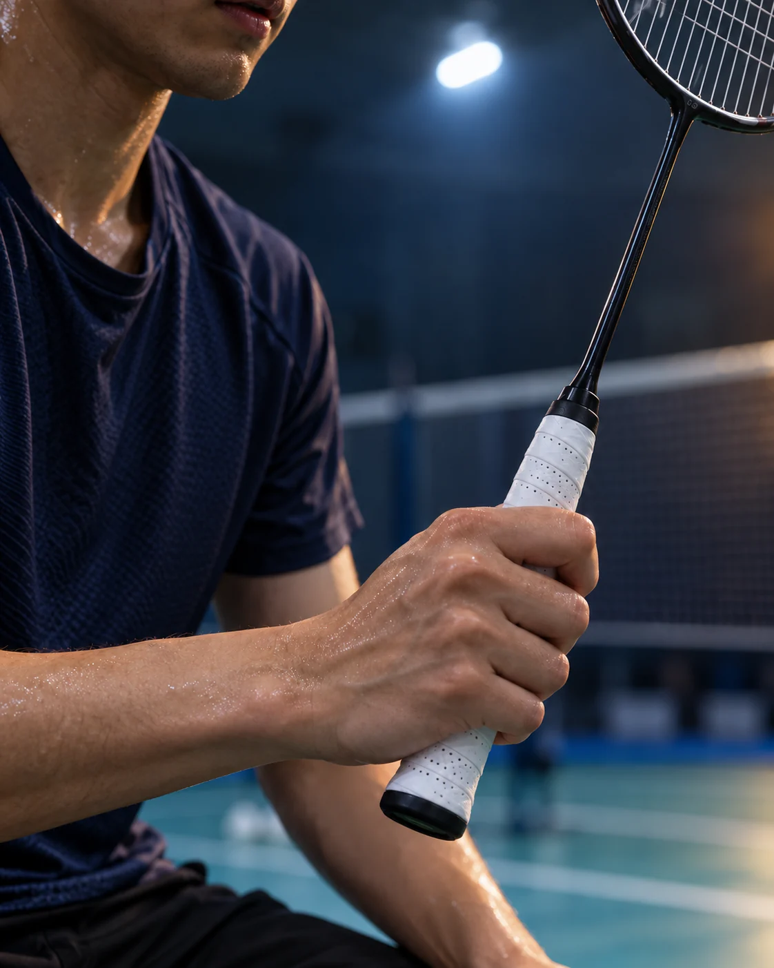 Athlete holding a white perforated overgrip between badminton rallies