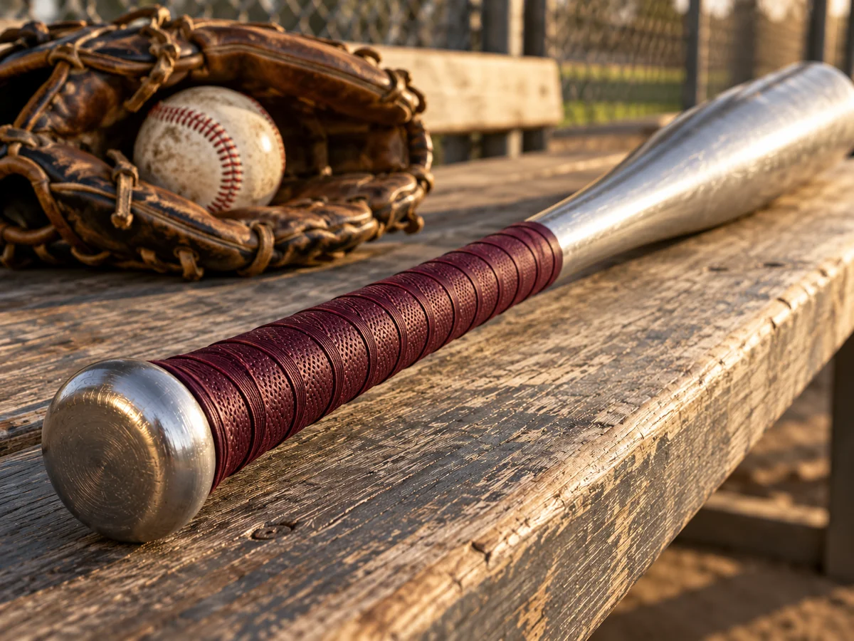Burgundy-wrapped baseball bat handle and rounded knob on a dugout bench