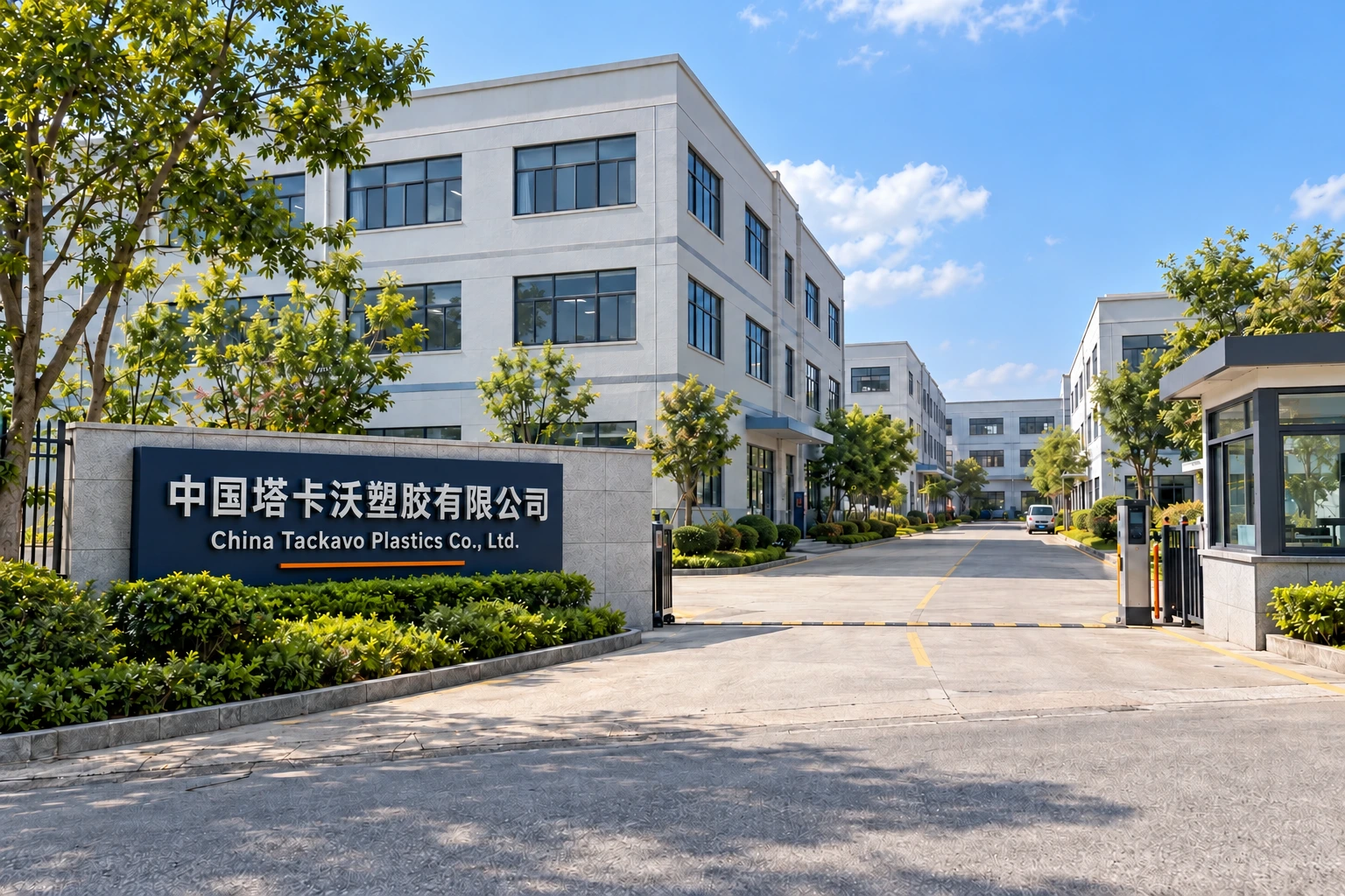 Factory campus entrance with raised Chinese and English China Tackavo Plastics Co., Ltd. signage