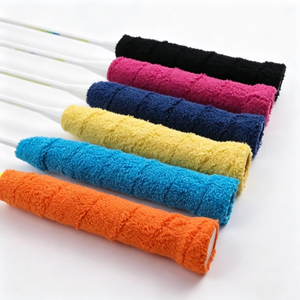 Premium custom towel racket grip wrap sample on tennis handle, factory product photo
