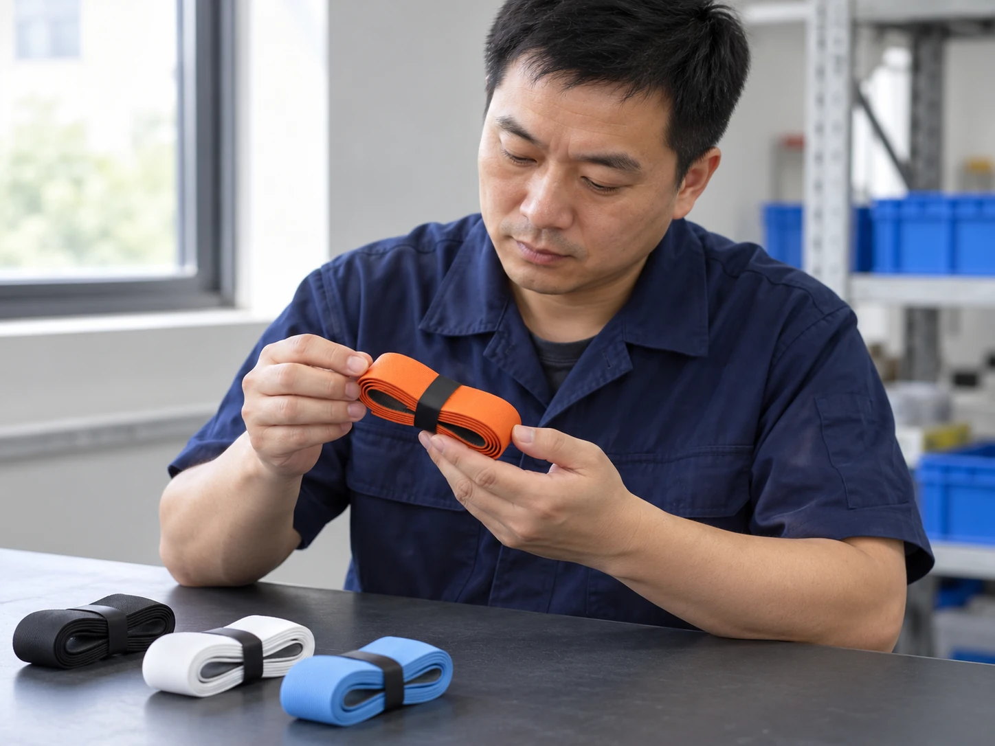 Technician inspecting an orange folded grip sample at a workbench