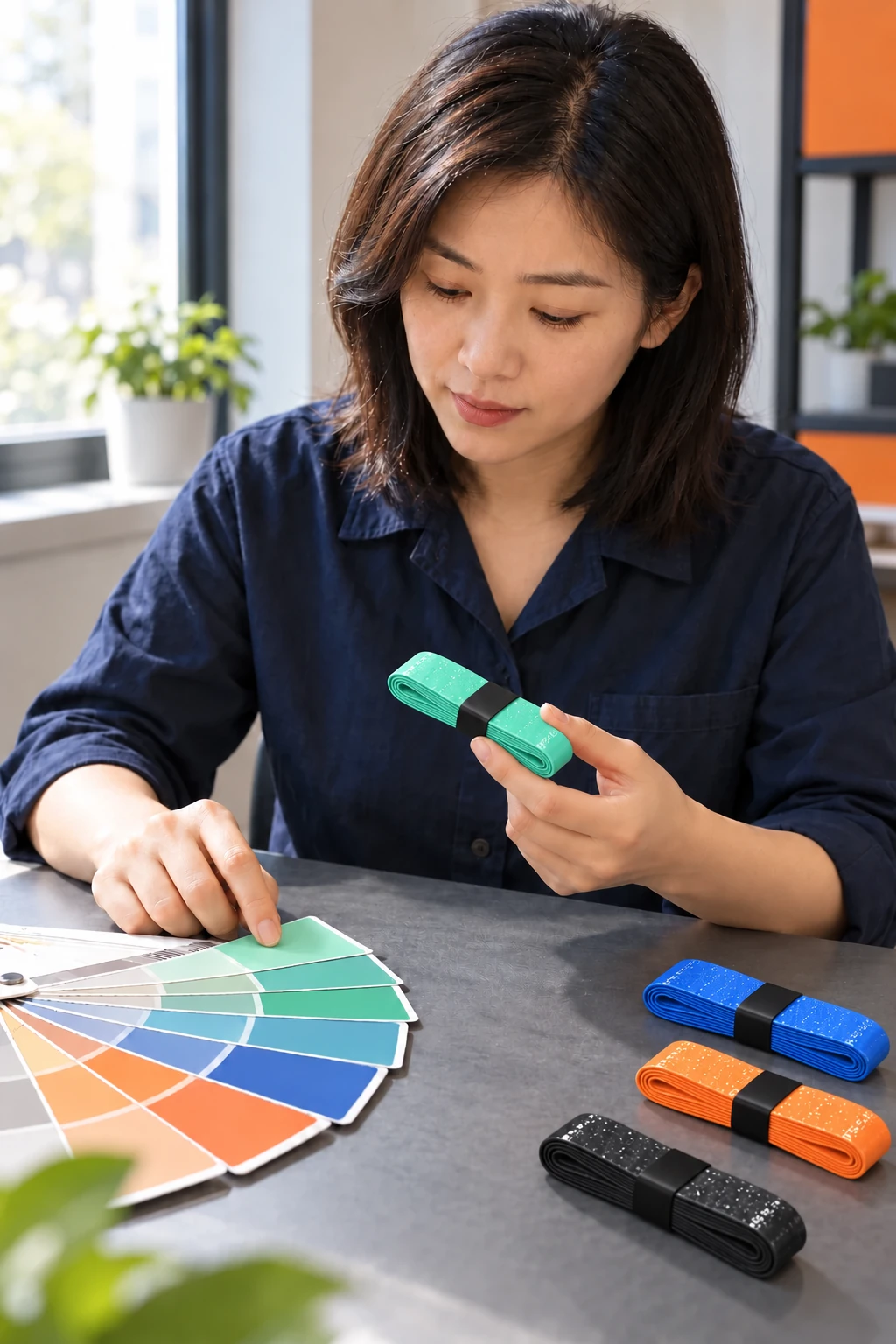 Sample developer comparing a mint folded grip with a matching color swatch