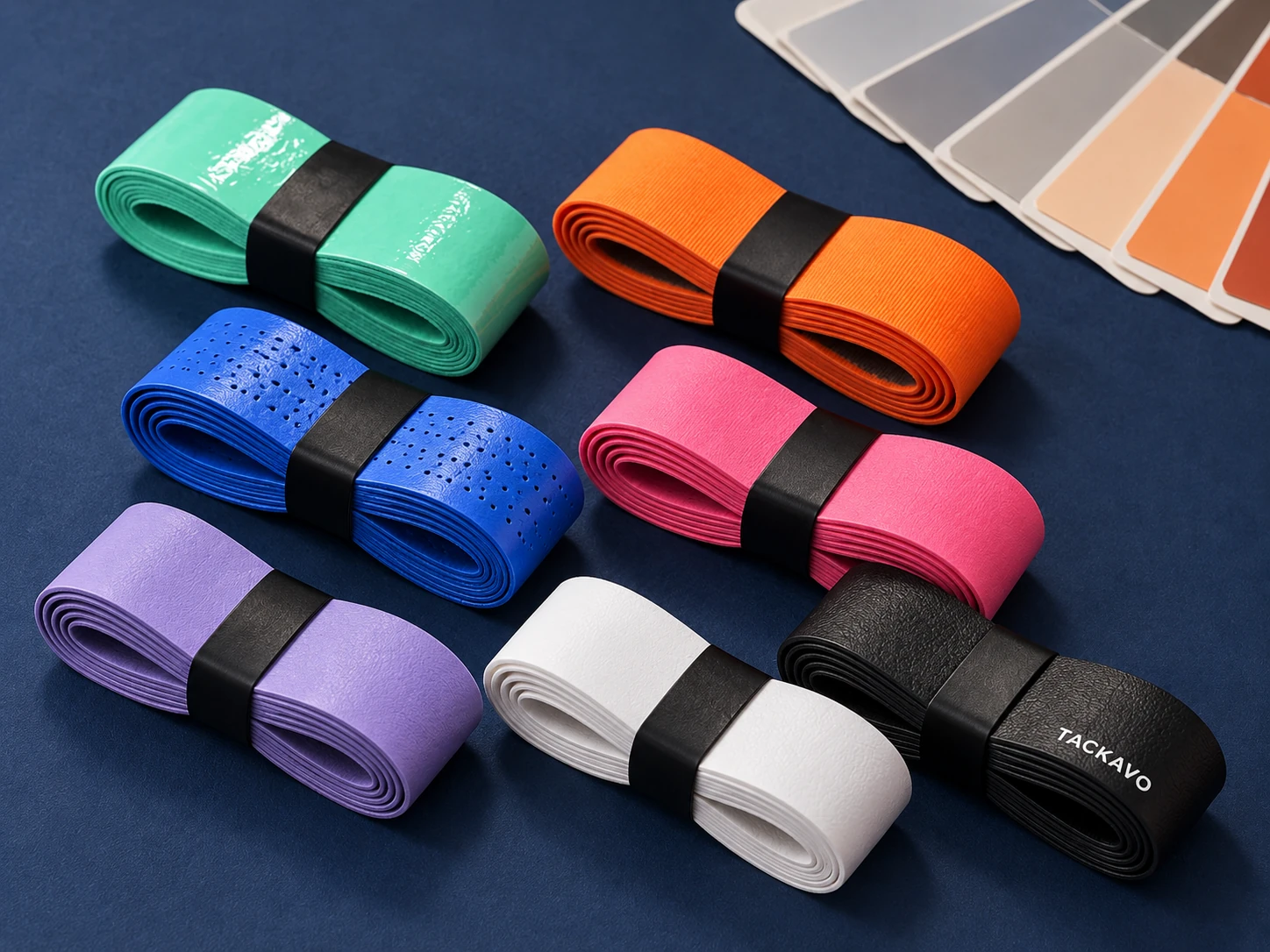 Multicolor folded grip samples and a color fan on a navy worktable