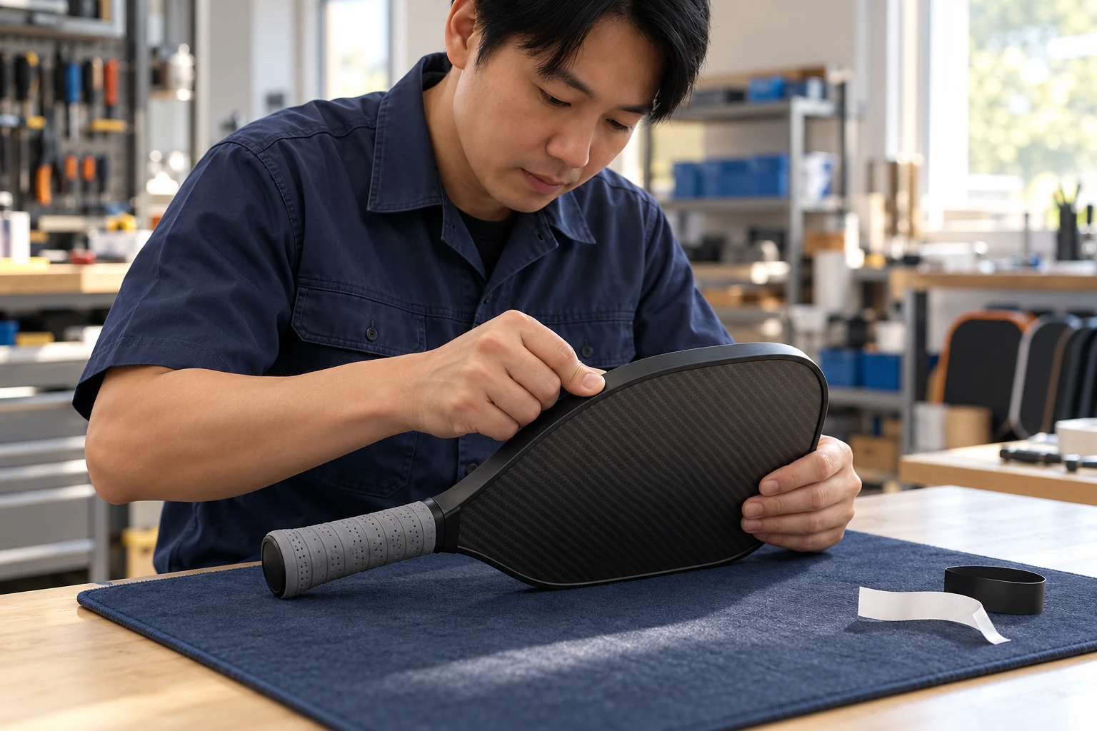 Worker pressing edge guard tape along a pickleball paddle rim