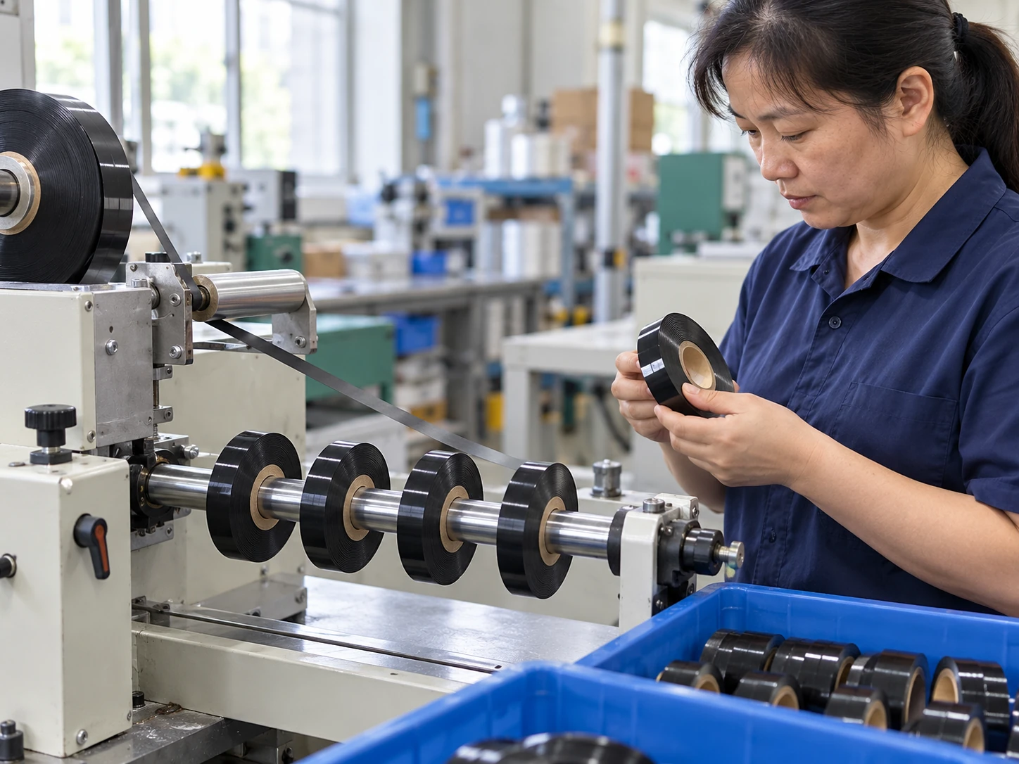 Technician working with narrow edge guard tape at a rewinding station