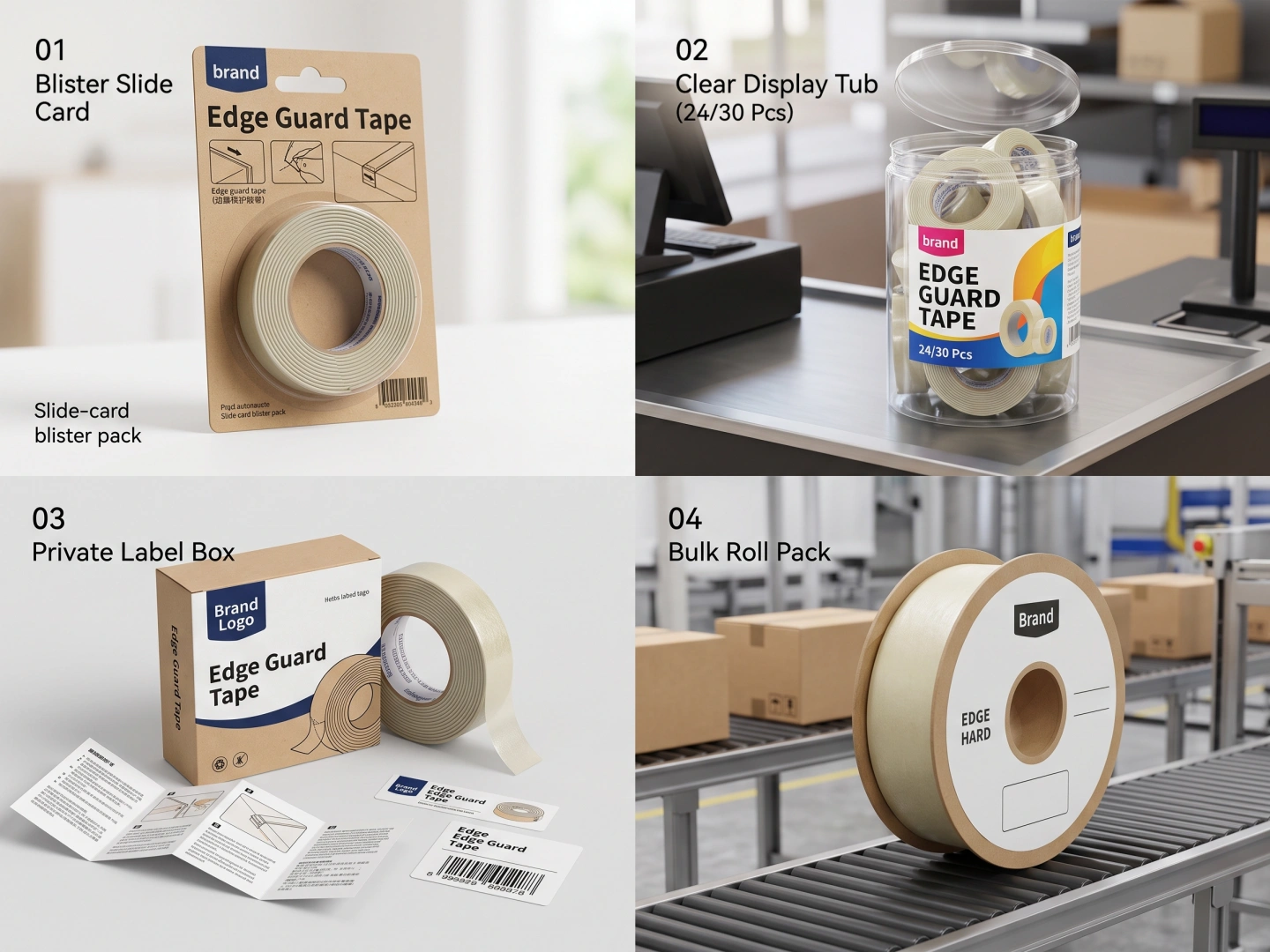 B2B packaging lineup of custom edge guard tape: retail box, private label, club pack, bulk roll