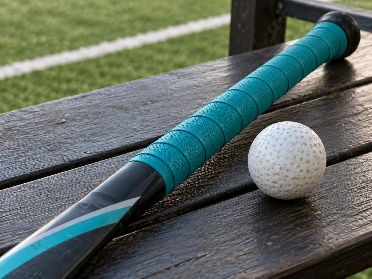 Teal-wrapped field hockey stick handle beside a field hockey ball