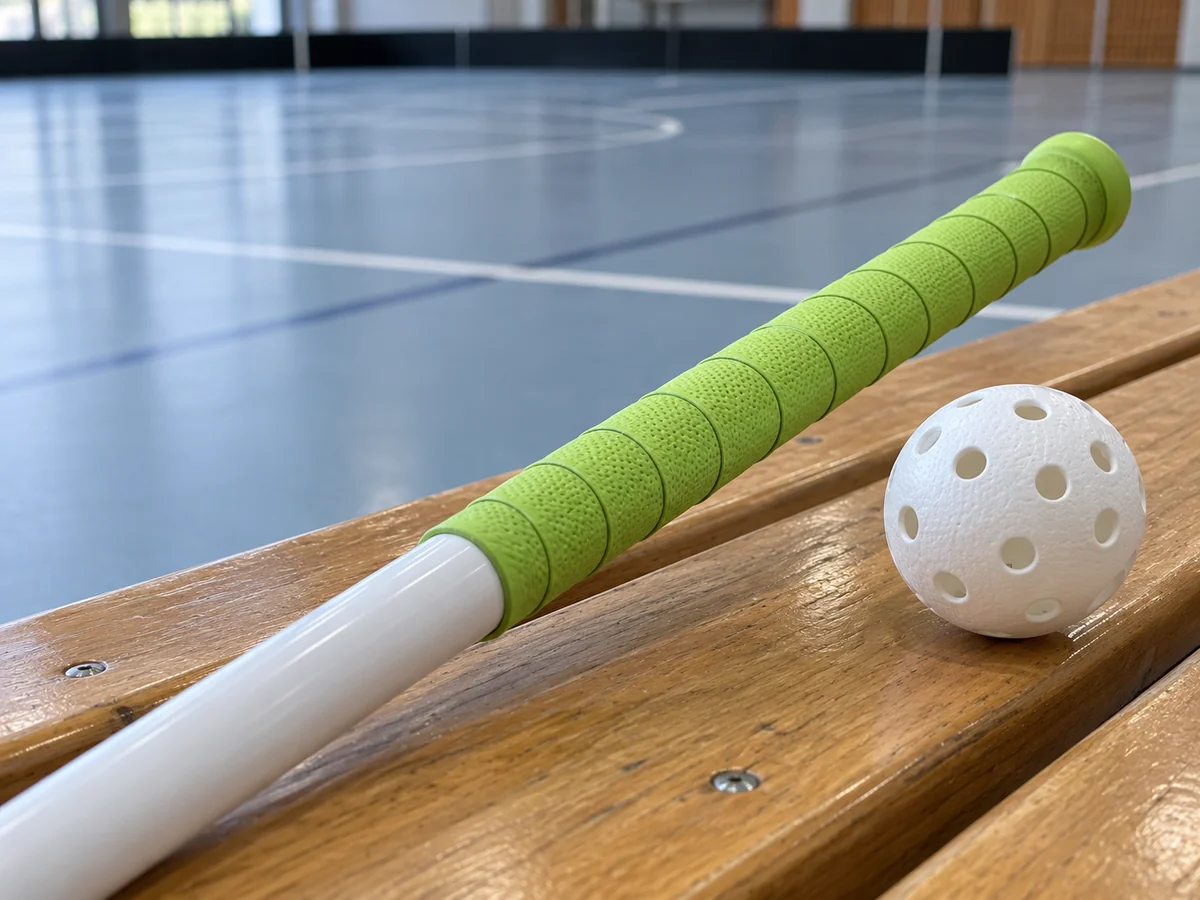 Lime-wrapped floorball stick handle beside a perforated floorball