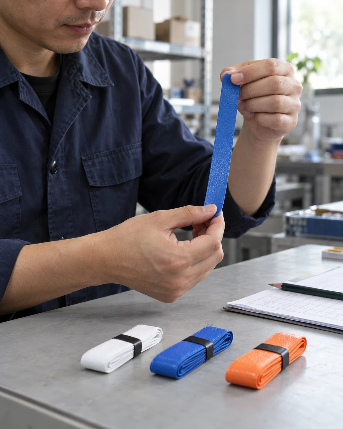 Technician checking the edge finish of a grip material sample