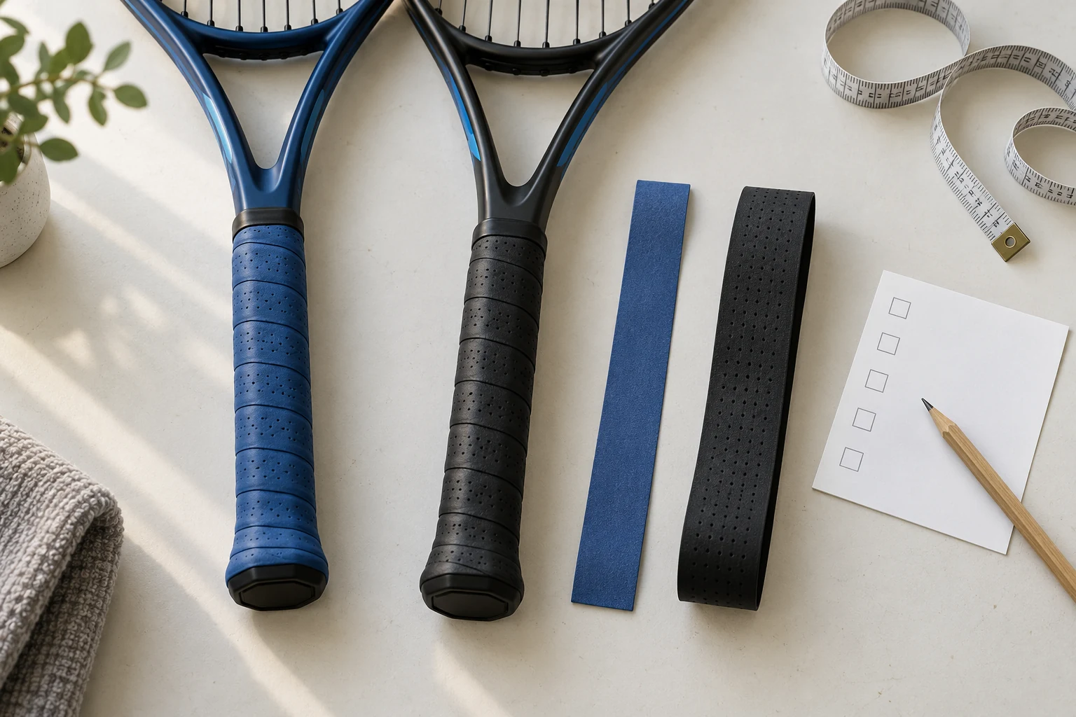 Exemple de dispositif d’évaluation avec deux manches de raquette recouverts de grips, des bandes échantillons, un mètre ruban et une fiche de notes