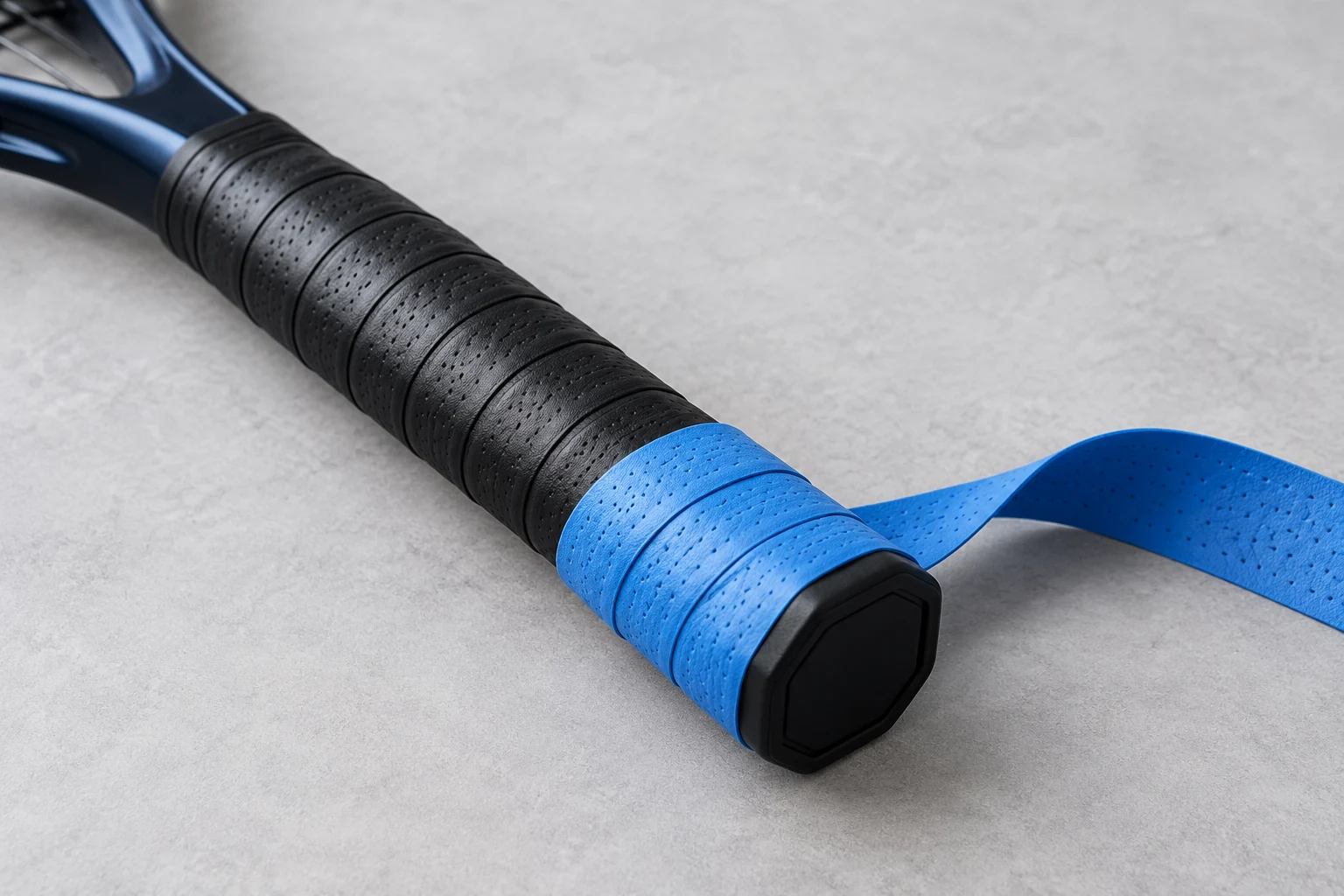 Illustration d’un surgrip bleu fin posé sur un grip de base noir sur un manche de raquette