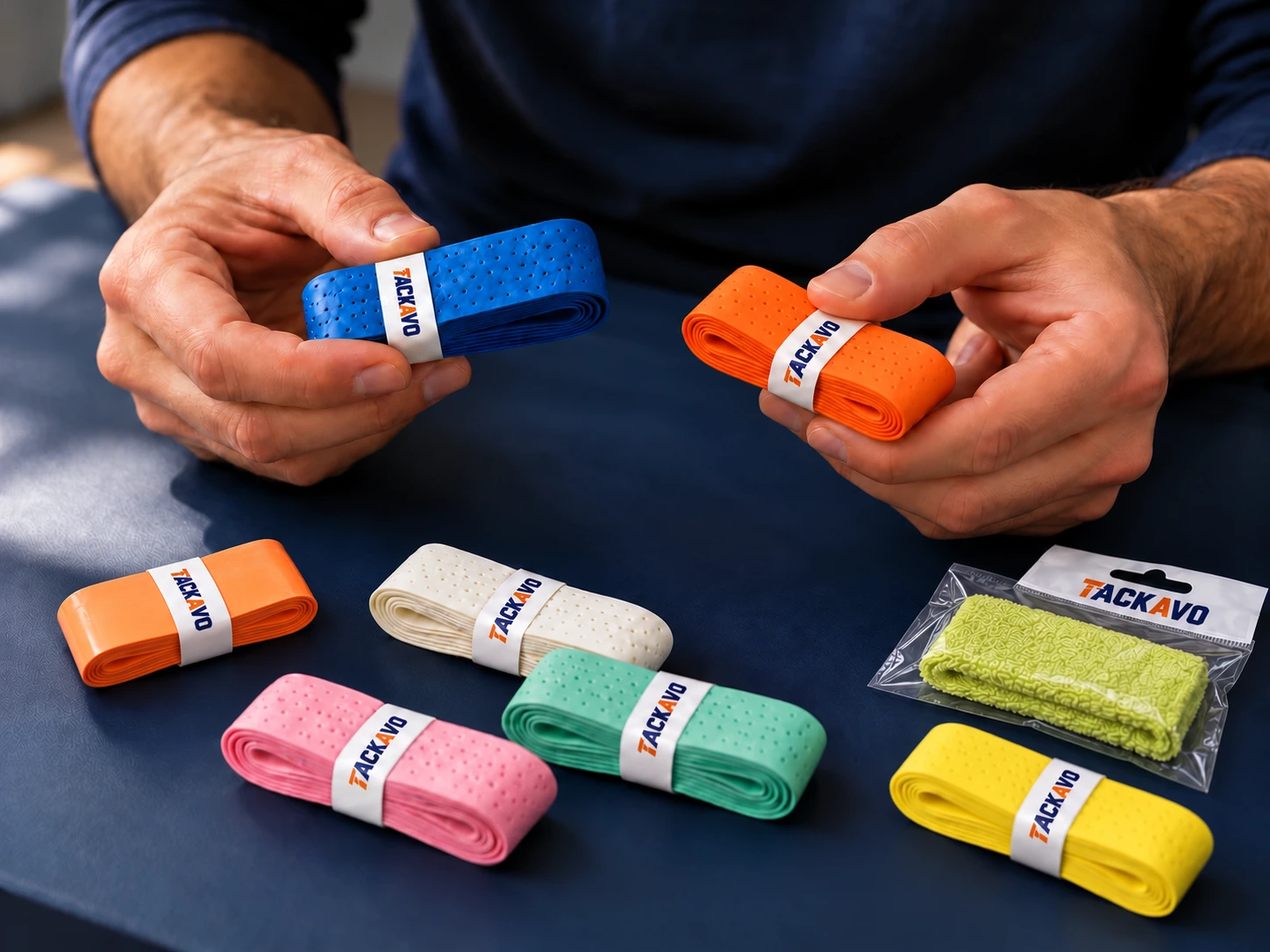 Hands holding blue and orange perforated grips with a smooth orange overgrip, multicolor samples and a packaged lime-yellow towel grip with Tackavo branding