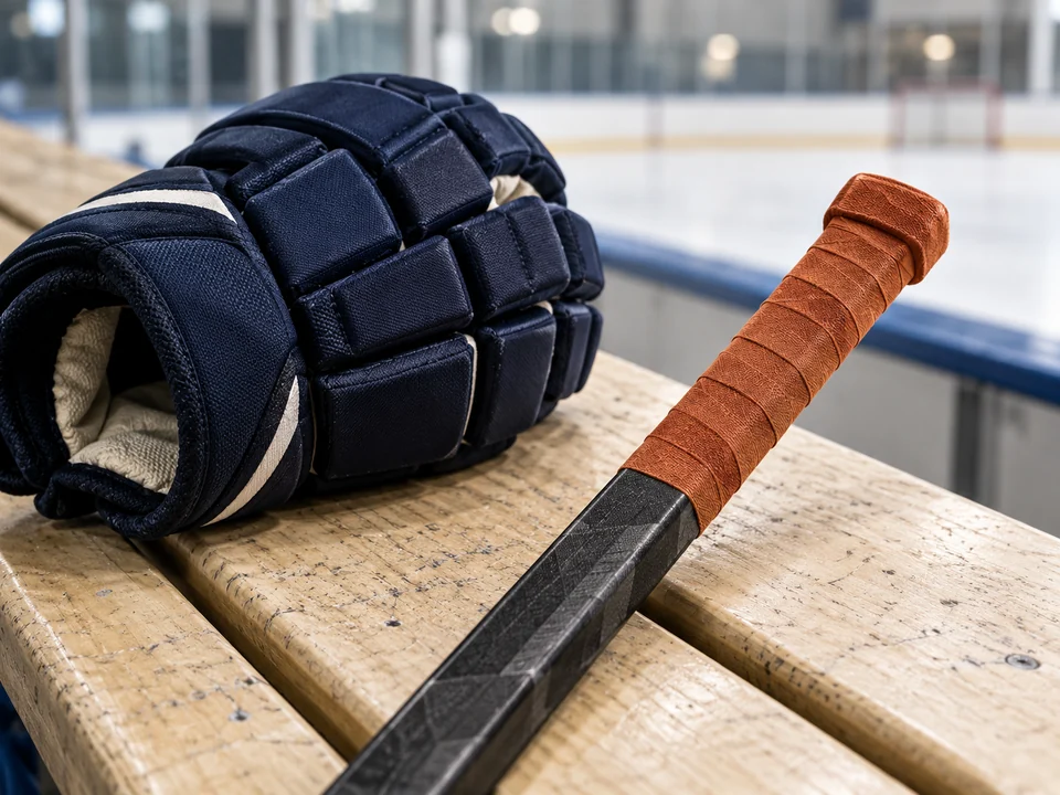 Navy ice hockey glove beside an orange-wrapped stick handle on a rink-side bench