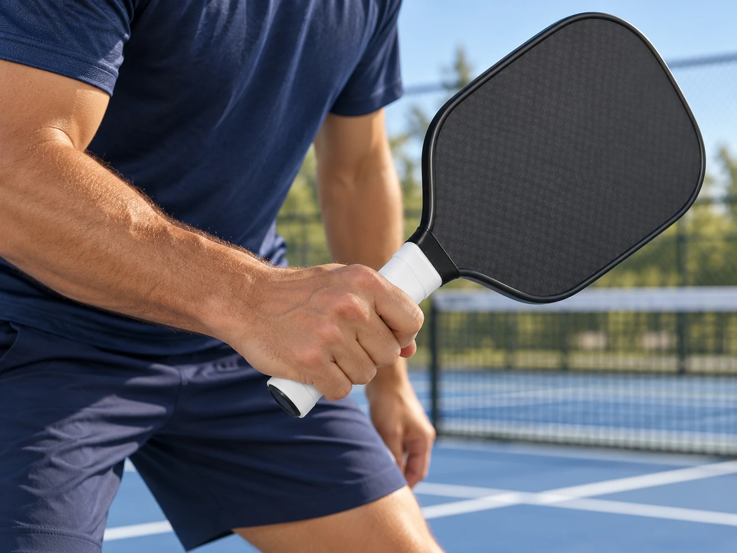 A pickleball player holding a paddle with OG-C01 white soft feel overgrip