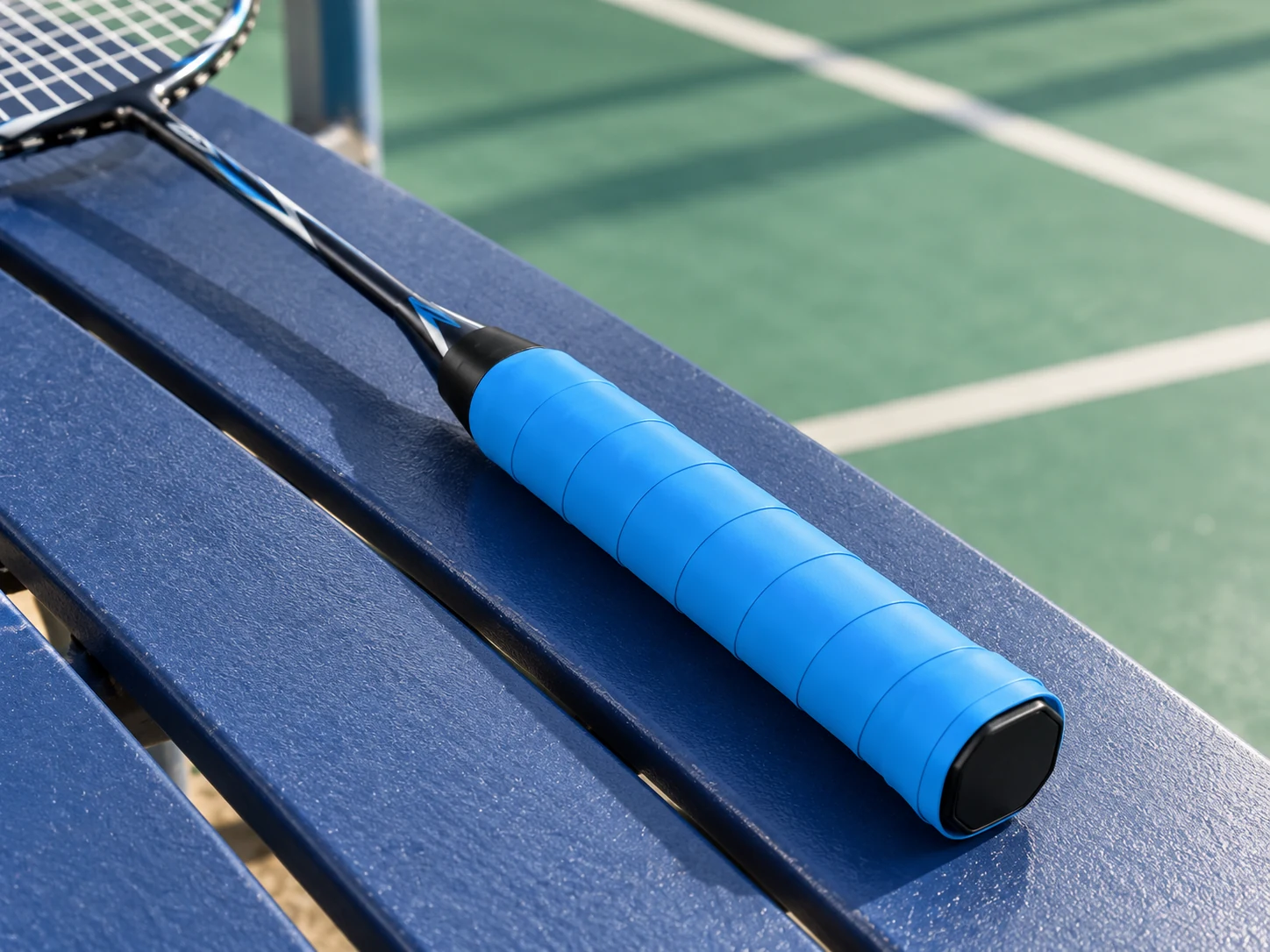 OG-D01 blue ultra-thin dry overgrip installed on a tennis racket handle