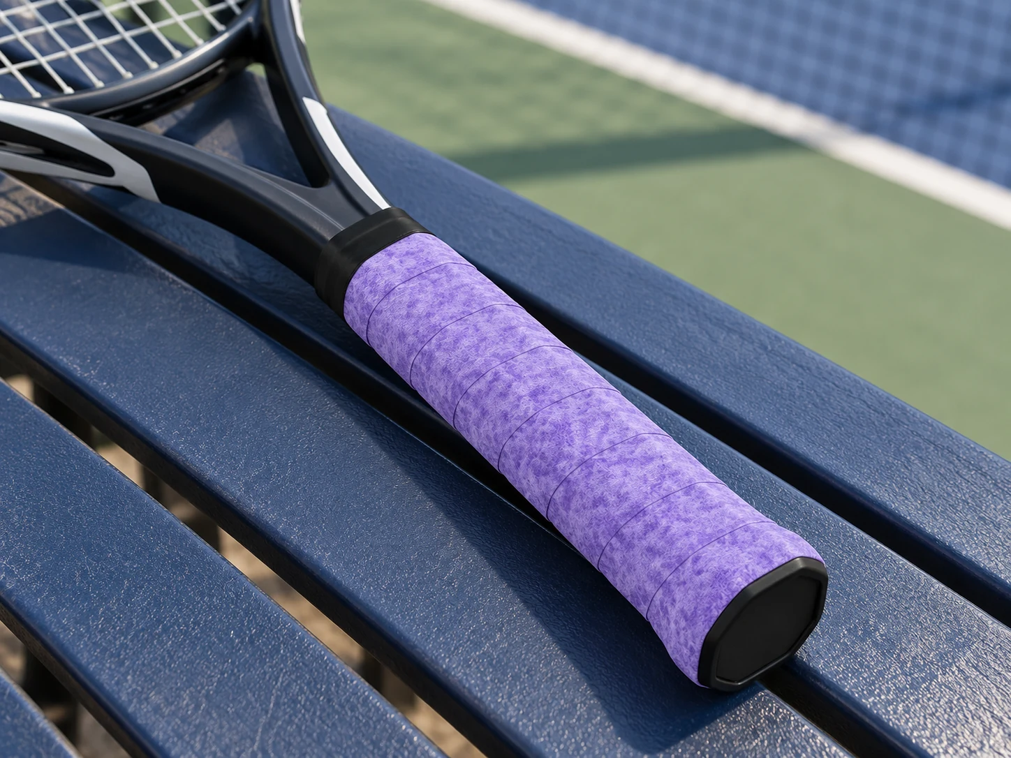 Overgrip seco perforado morado OG-D03 colocado en el mango de una raqueta de tenis