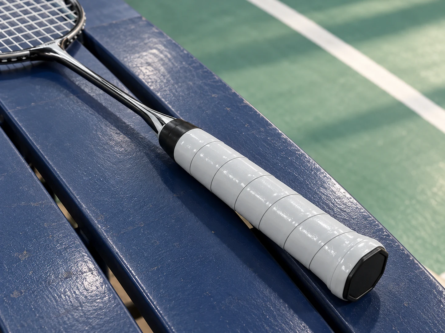 Overgrip compatto dal tocco tendenzialmente asciutto grigio argento OG-F01 applicato al manico di una racchetta da badminton
