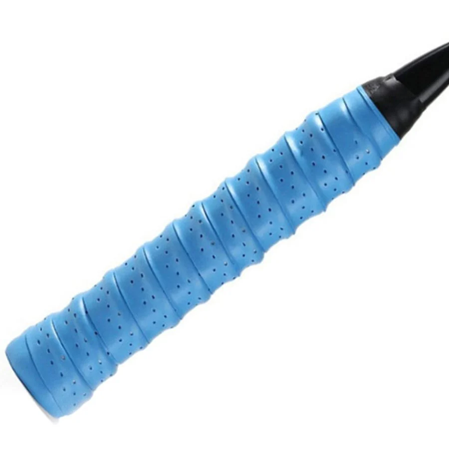 OG-K01 blue perforated keel overgrip installed on a racket