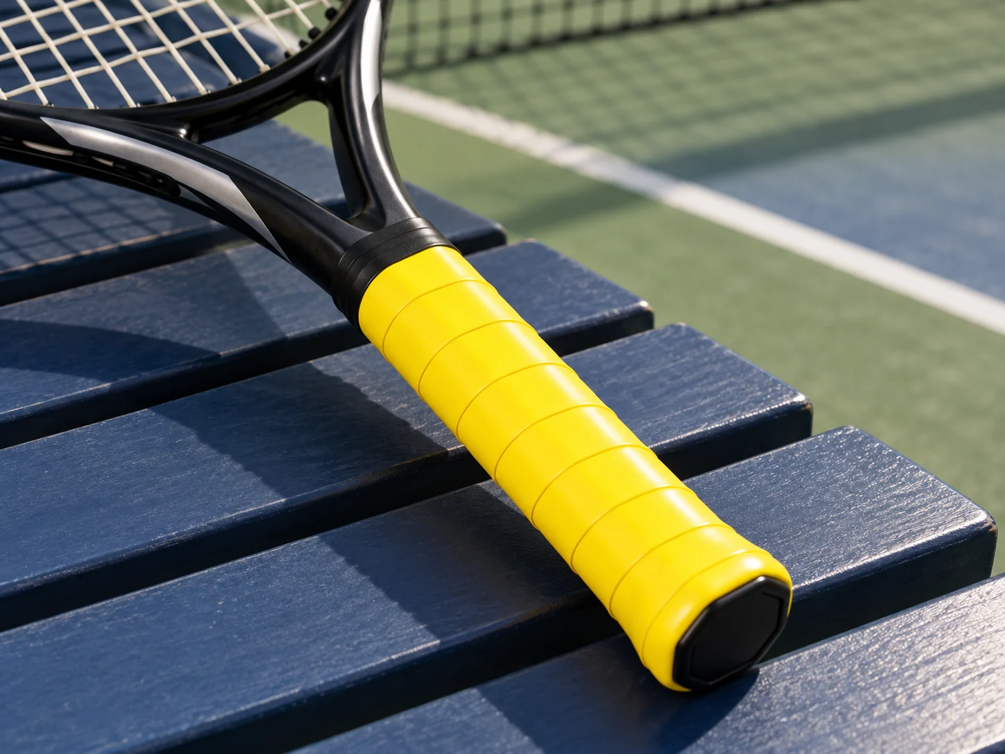 OG-MT01/MT02 yellow mild-tack overgrip installed on a tennis racket handle