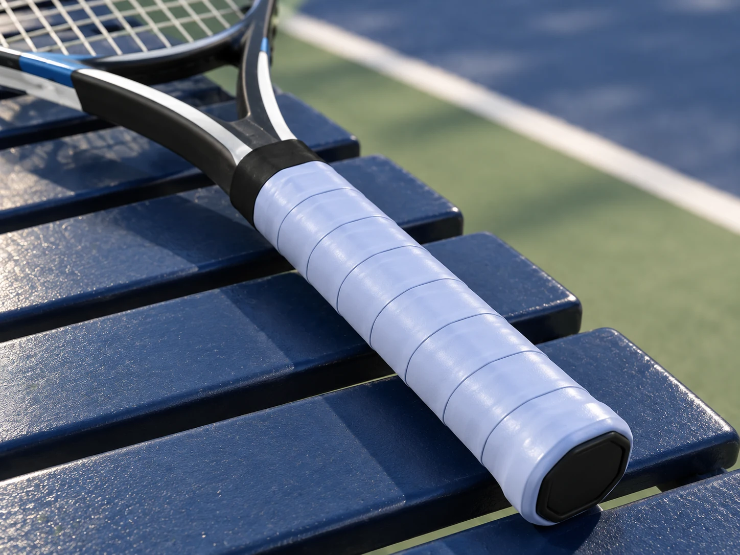 Surgrip souple légèrement collant lavande OG-MT03 posé sur le manche d’une raquette de tennis