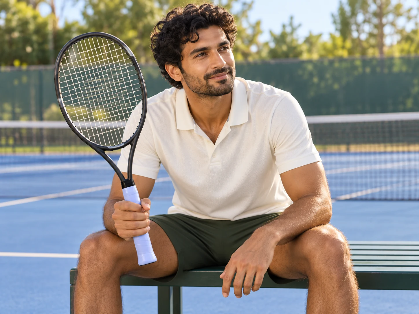 A tennis player holding a racket with OG-MT03 lavender soft mild tacky overgrip