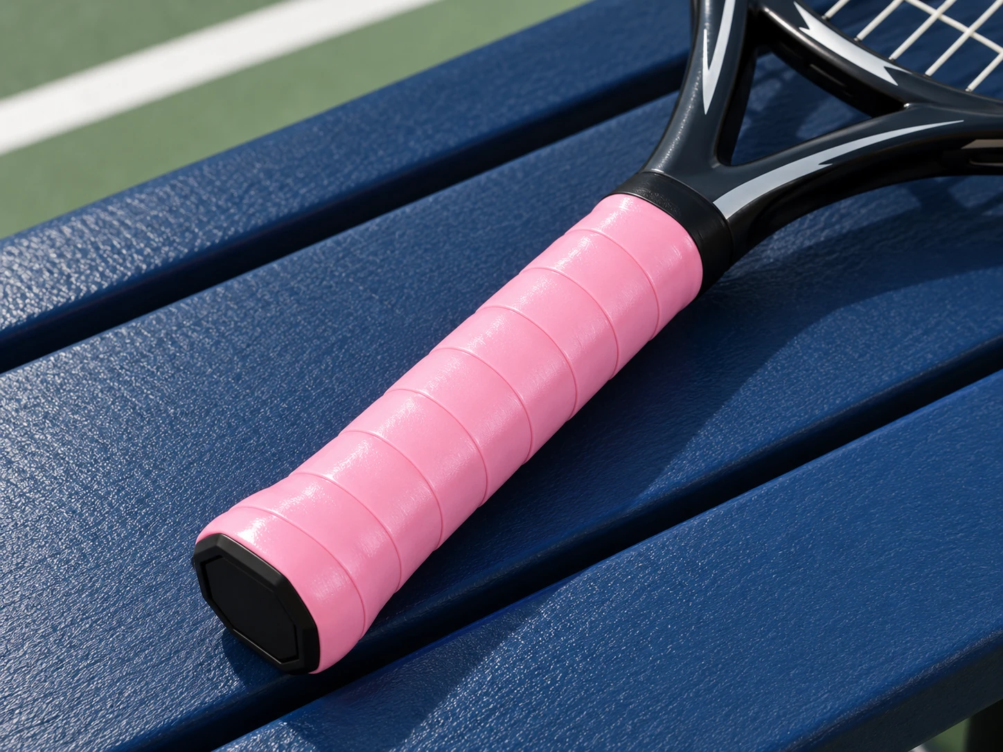 OG-T01 pink soft tacky overgrip installed on a tennis racket handle