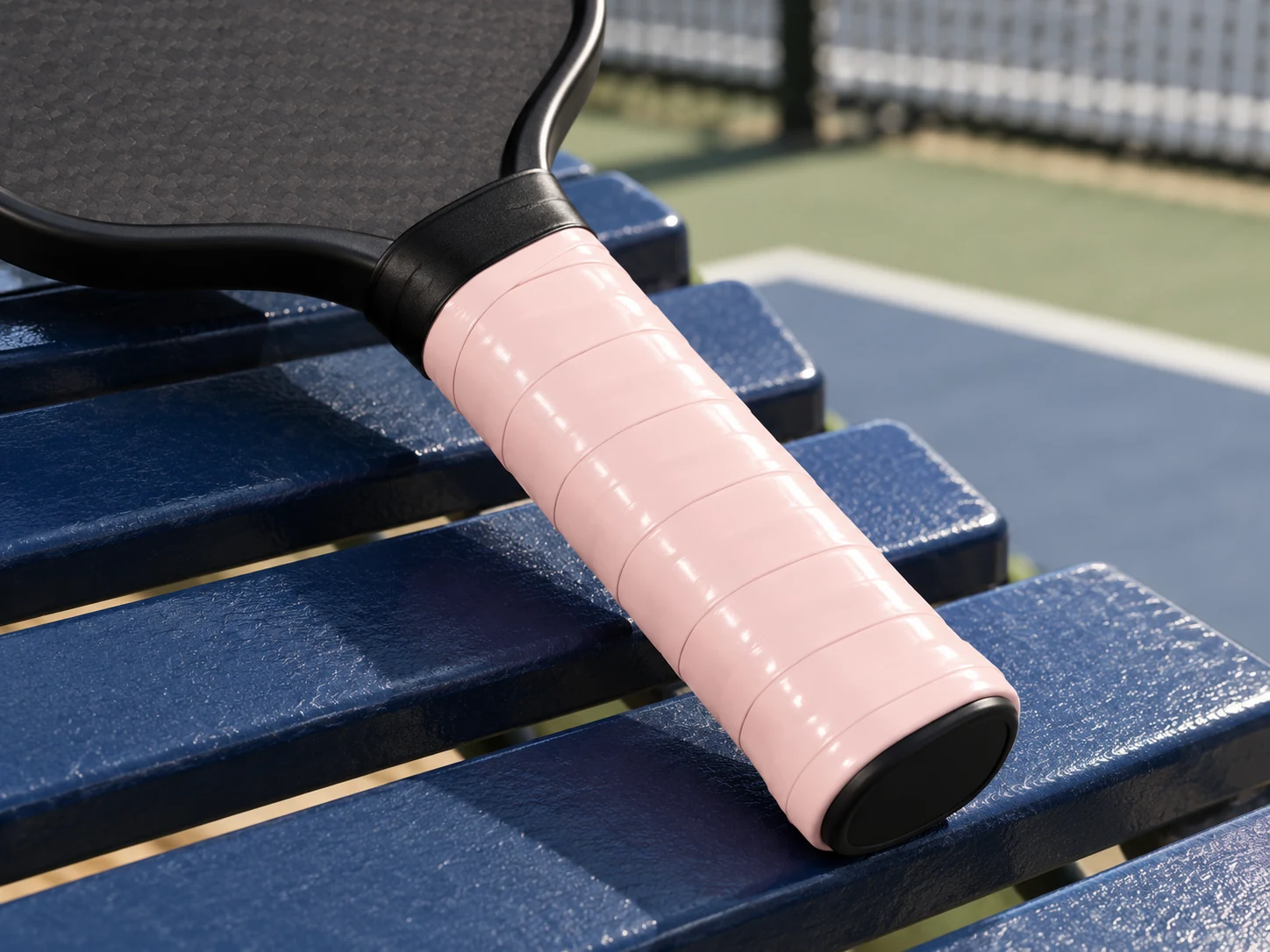 OG-T02 light pink soft-touch tacky overgrip installed on a pickleball paddle handle