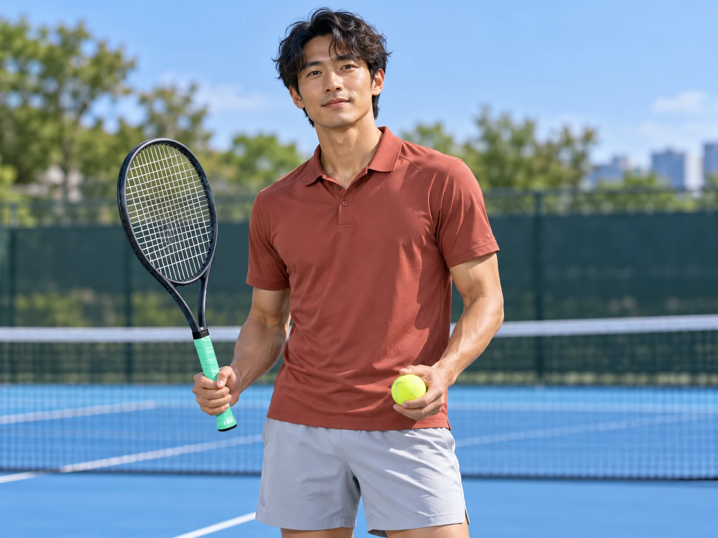 A tennis player holding a racket with OG-T03/T04/T05 mint green multi-thickness tacky overgrip