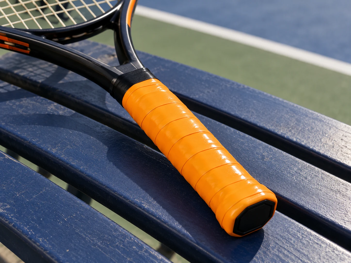 Overgrip durevole ad alta aderenza arancione OG-T06 applicato al manico di una racchetta da tennis