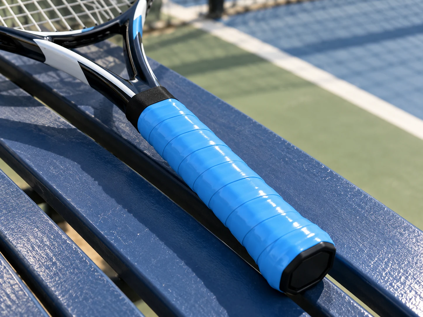 Overgrip morbido, elastico e aderente blu OG-T07 applicato al manico di una racchetta da tennis