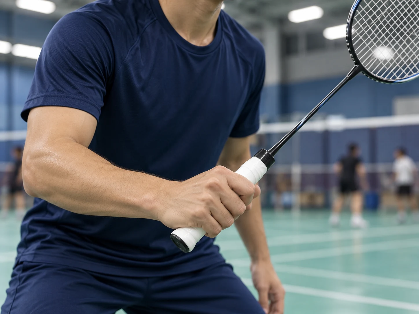 A badminton player holding a racket with OG-WT01 white wet tacky overgrip