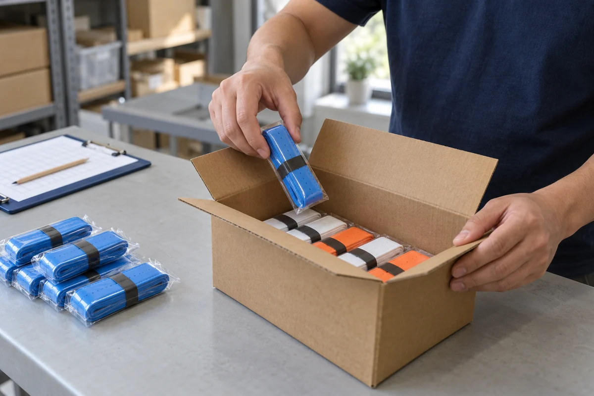 Worker packing individually sleeved overgrips into a shipping carton