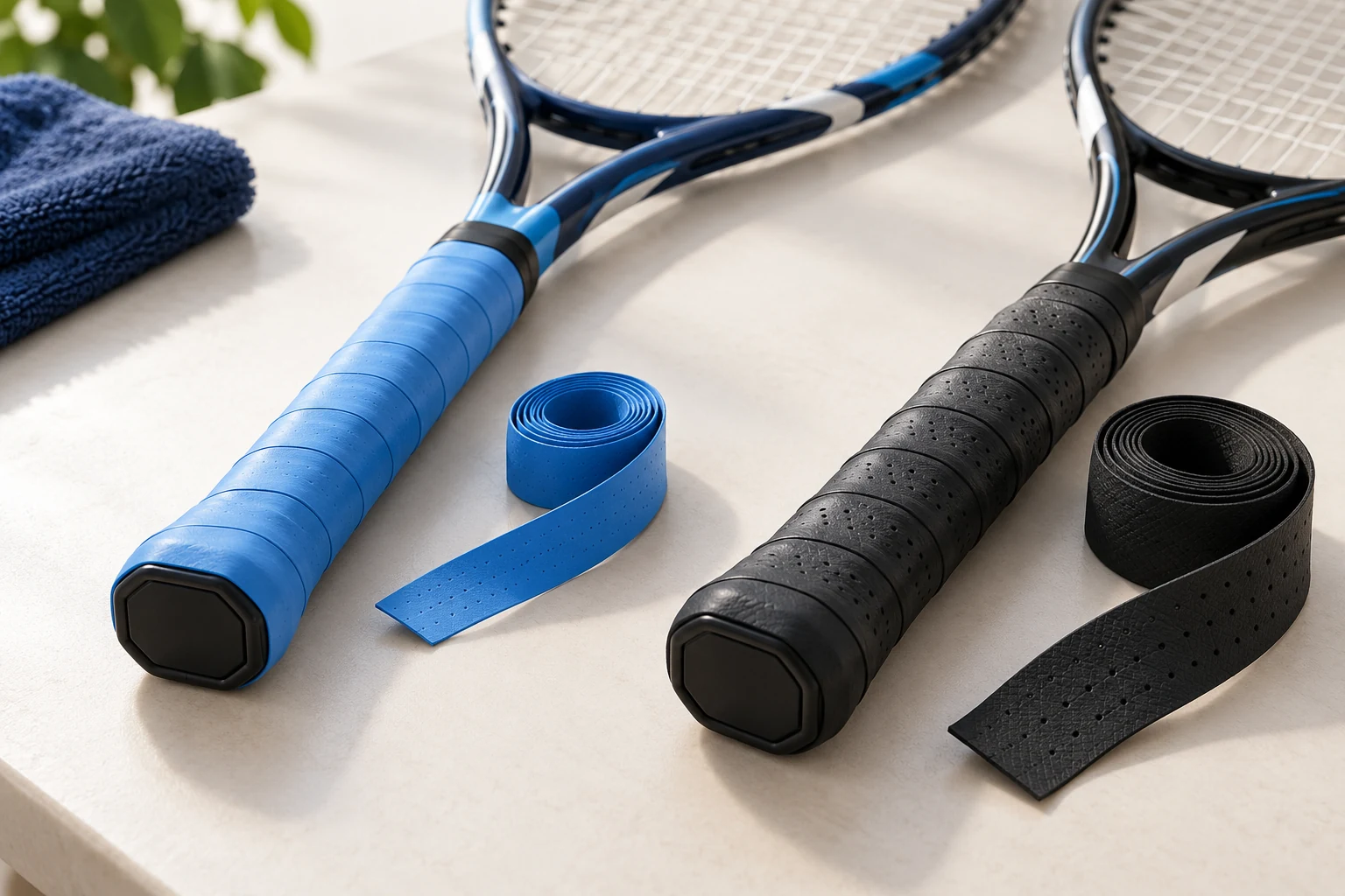 Illustrative comparison of a blue overgrip and black replacement grip beside wrapped tennis racket handles