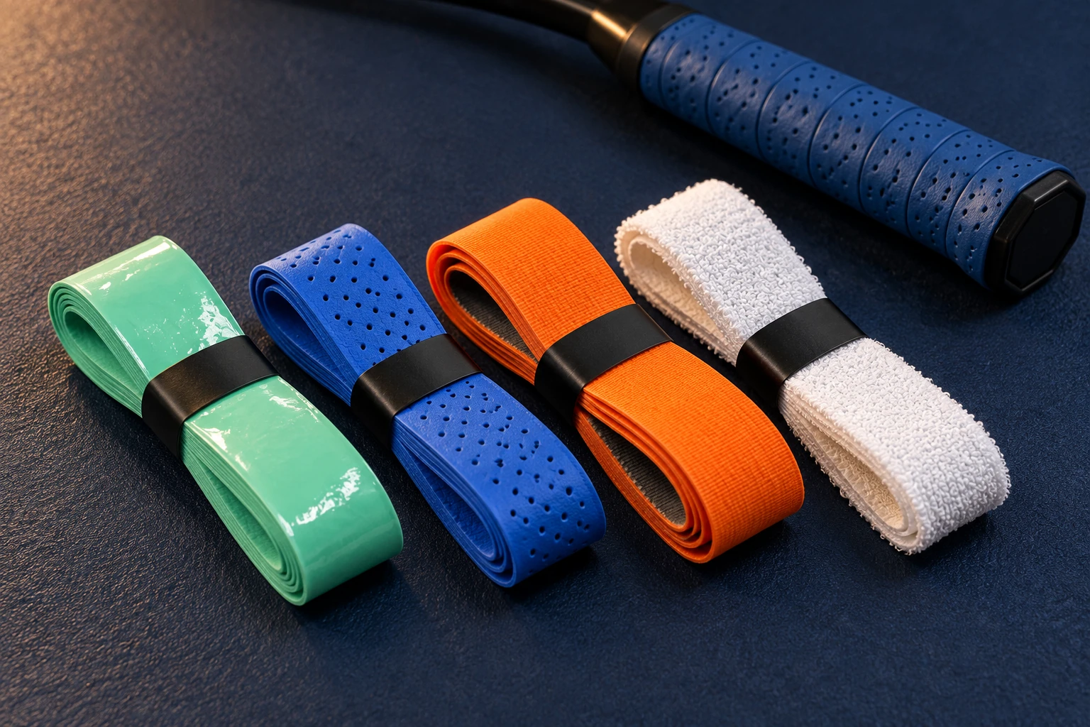 Four overgrip samples in green, blue perforated, orange and white towel styles beside a racket handle Four overgrip samples in green, blue perforated, orange and white towel styles beside a racket handle