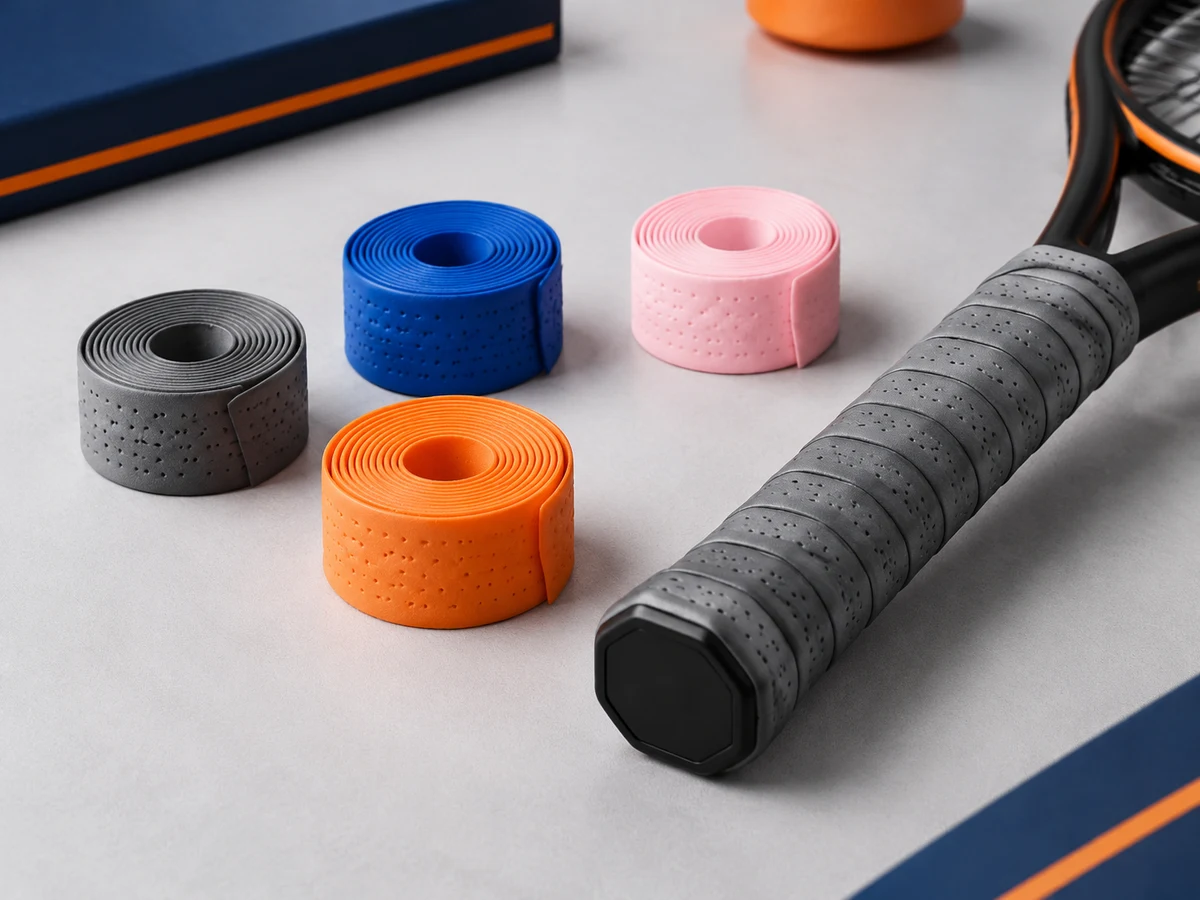 Custom overgrip rolls in graphite, blue, pink and orange beside a racket handle