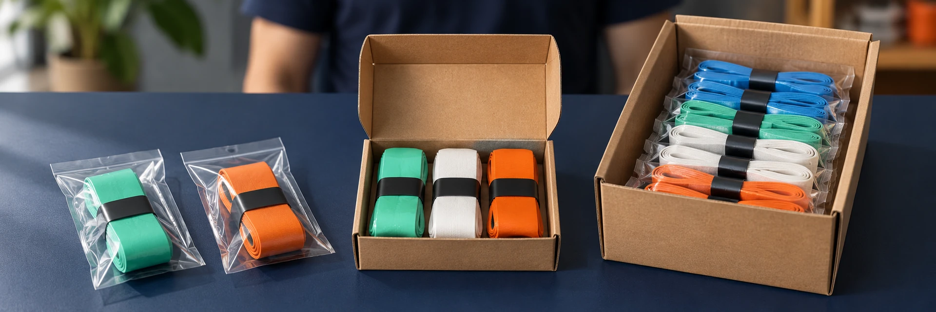 Packaged overgrips in retail bags beside bulk cartons Packaged overgrips in retail bags beside bulk cartons