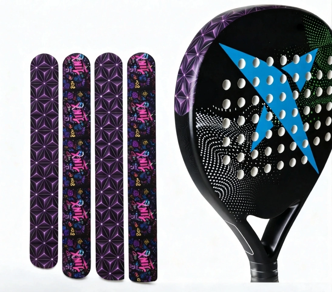 Padel racket with reinforced 35-50mm edge guard tape for impact protection