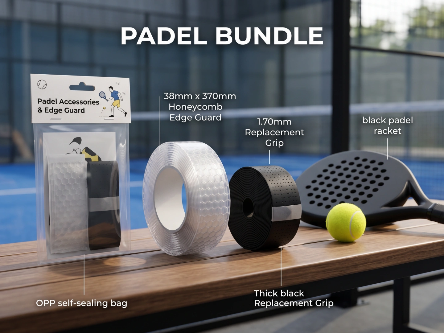 Bundle of edge guard tape with replacement grip and overgrip