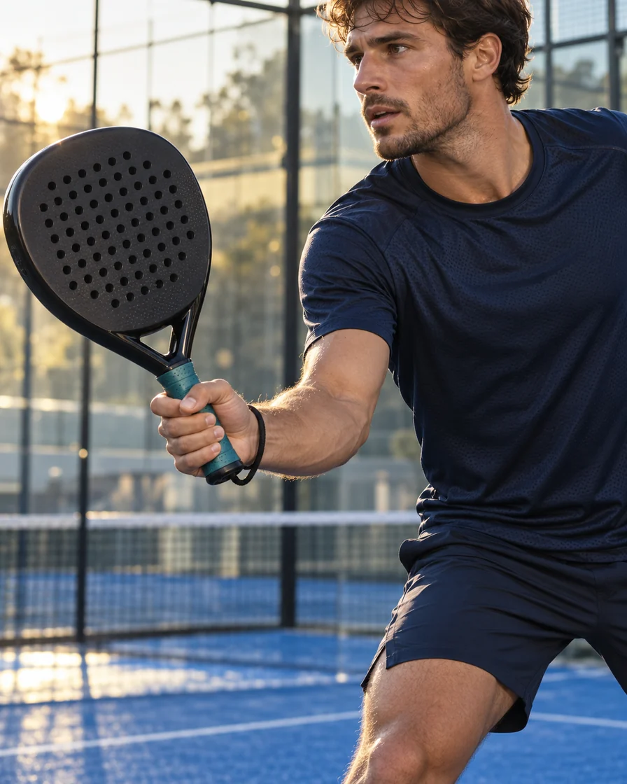Padel player holding a teal overgrip with a wrist safety cord