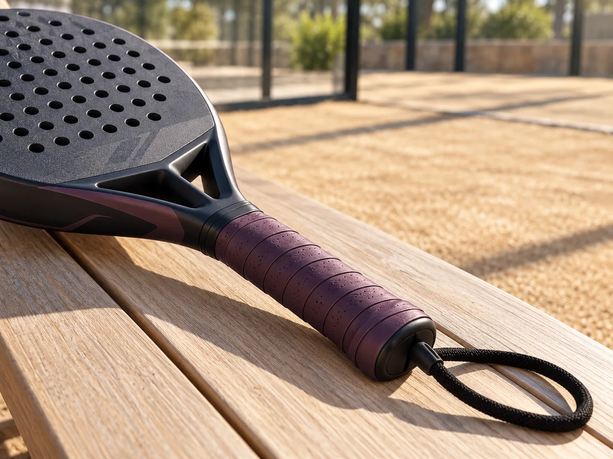 Purple-wrapped padel racket handle and wrist cord on a wooden bench