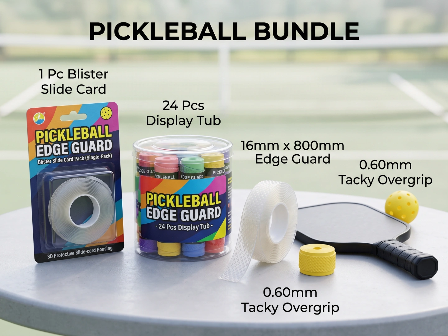 Pickleball paddle, overgrip, replacement grip, edge guard tape and towel grip bundle