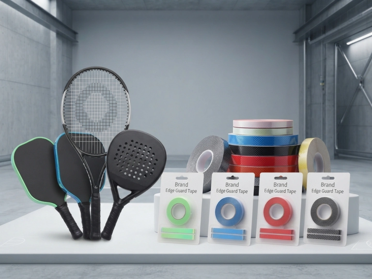 Pickleball and padel paddles with custom edge guard tape rolls and retail packaging