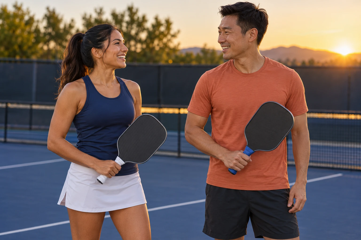 Two pickleball players standing on an outdoor court at sunset Two pickleball players standing on an outdoor court at sunset